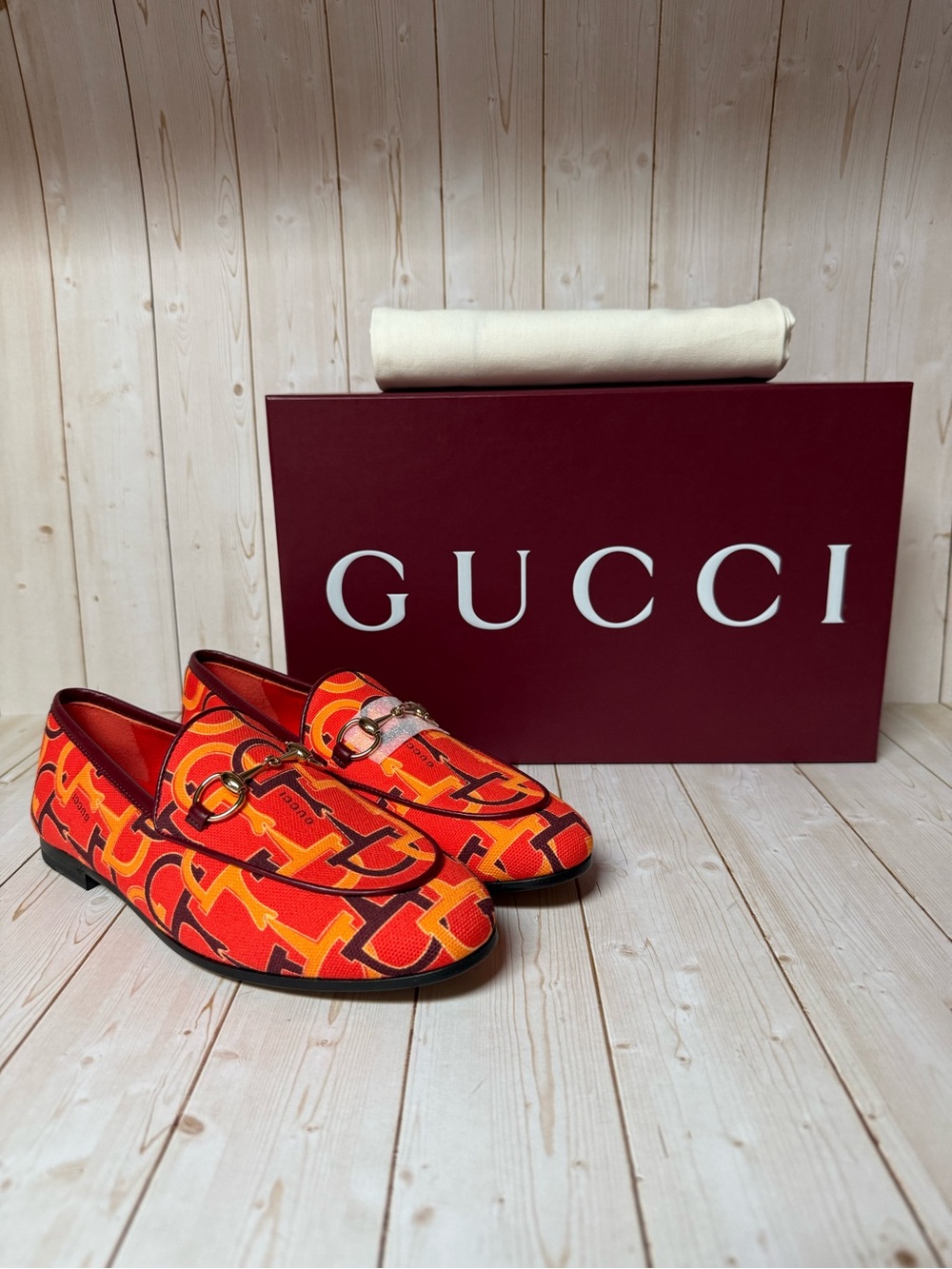 Gucci Jordaan Horsebit Printed Horsebit Canvas Loafer Orange/Red Sz 34.5 / 4.5